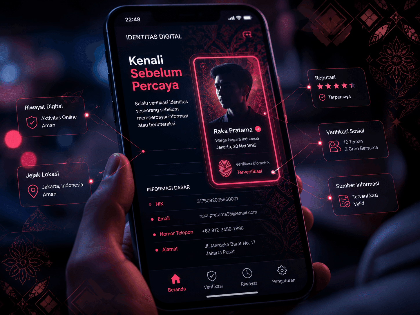 Seseorang memeriksa profil kenalan online menggunakan aplikasi Lacaqin sebelum memutuskan untuk lebih serius